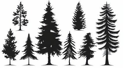 Obraz premium Captivating Vector Set: Pine Tree Silhouettes in an Evergreen Forest of Firs and Spruces