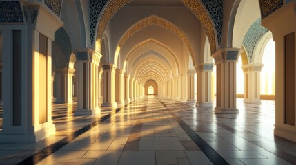 Obraz premium Serene Architectural Aisle with Sunlight Illuminating Arches