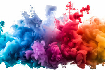 Colorful smoke explosion on a white background with colorful paint in water and splashes for design.