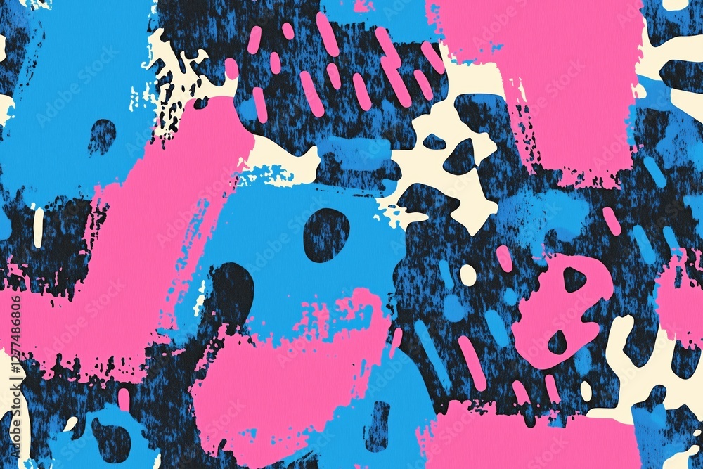 Poster seamless vibrant abstract pattern featuring bold blue, pink, and black brush strokes on a light back