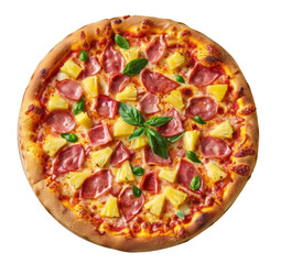 Photorealistic Hawaiian pizza with pineapple, ham, and basil on a transparent background.