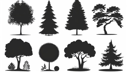 Fototapeta premium Captivating Vector Set: Pine Tree Silhouettes in an Evergreen Forest of Firs and Spruces