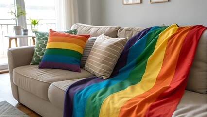 Pride-Themed Pillows: A cozy couch with rainbow-colored throw pillows and a pride flag blanket draped over the side.
