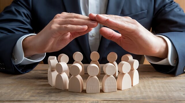 Business employer executive manager protecting rights of employees. Man holding hands over group of small little wooden human doll figures on table. Metaphor for care, protection and safety at work