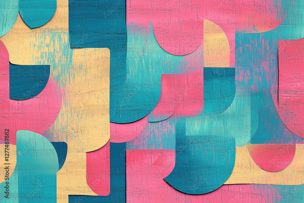 Poster seamless vibrant abstract composition featuring overlapping shapes in pink, teal, and gold hues. the