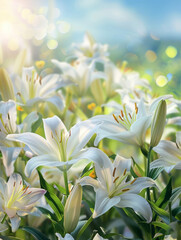Obraz premium Beautiful white lilies in soft focus, set against a clear sky background.