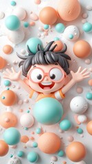 Cartoon boy in a sphere-filled background, joyful, fun, artistic design