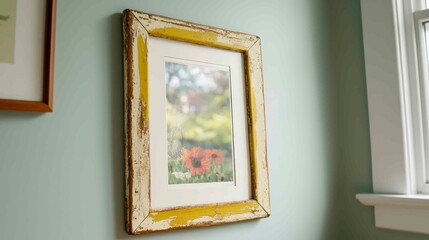 Vintage Frame with Floral Print Hanging on Light Green Wall