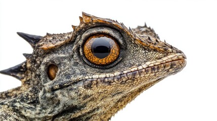 Fototapeta premium Close-up profile of a horned lizard with large, orange eyes against a white background.