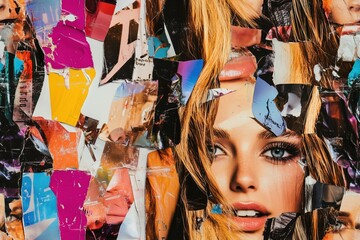 Seamless woman's face partially obscured by colorful torn magazine clippings, creating a collage effect. The woman's striking blue eyes are visible, contrasting with the vibrant background.
