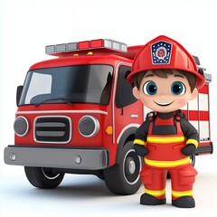 Cartoon Firefighter And Fire Truck