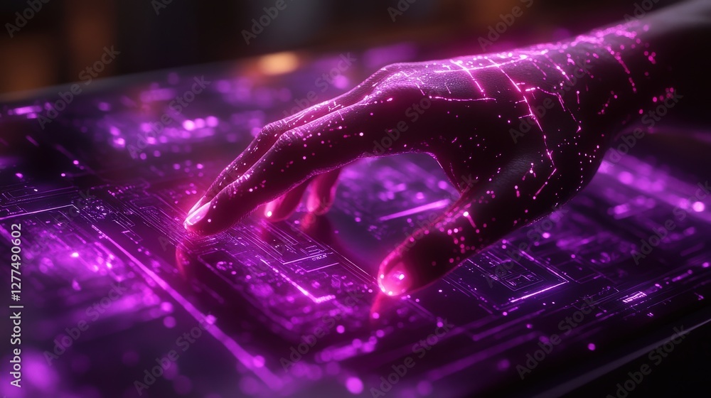 Poster futuristic hand interacting with glowing digital interface, showcasing advanced technology in action