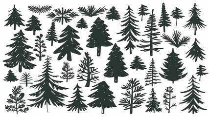 Obraz premium Captivating Vector Set: Pine Tree Silhouettes in an Evergreen Forest of Firs and Spruces