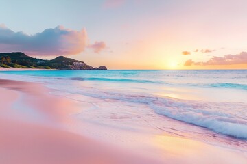Obraz premium Beautiful Pink Beach at Sunset on Island with Turquoise Water, Waves Gently Lapping the Shore, Golden Light Reflecting on Calm Sea, Soft Pastel Colors Creating a Peaceful and Dreamy Landscape