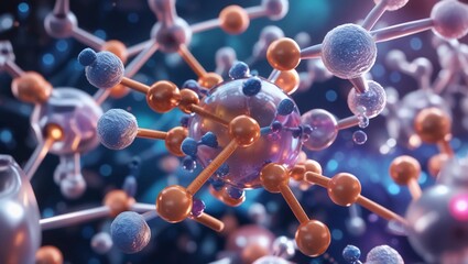 Molecules, 3D model. Atoms, chemical bonds, biomolecules molecular nano structure. Innovation in science, DNA, medicine, education. Chemistry science research, biology, pharmaceuticals biotechnology