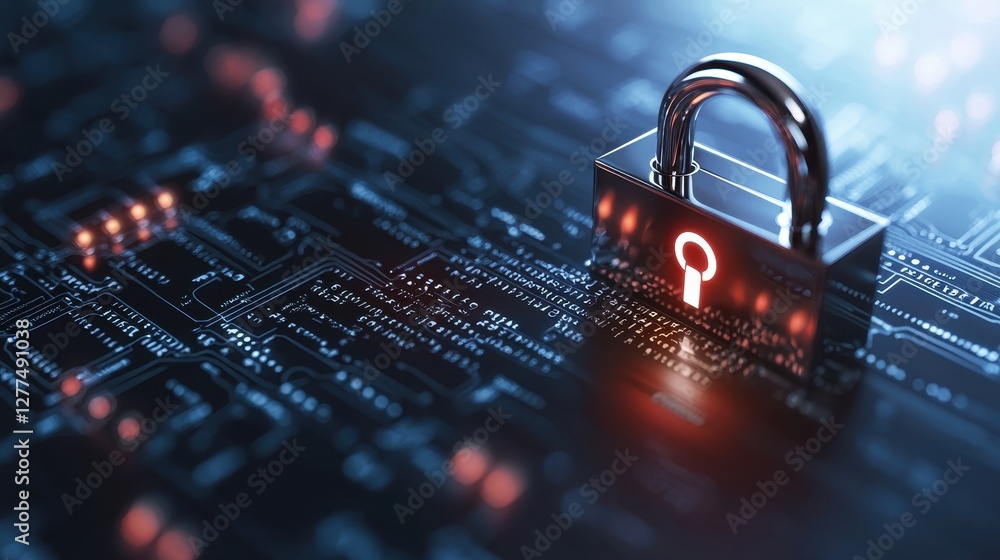 Poster a digital padlock sits on a circuit board, symbolizing cybersecurity and data protection in a techno
