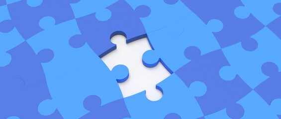 Blue jigsaw puzzle with a missing piece.