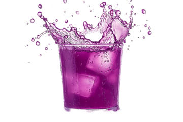 Purple drink splash, ice cubes in glass, studio shot