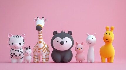 Obraz premium Cute cartoon animals, a group of stylized animals, in a row on a pink background, perfect for children's content.