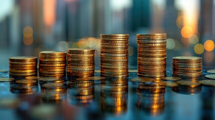 Stacks of golden coins reflecting city lights at dusk, symbolizing wealth and investment growth