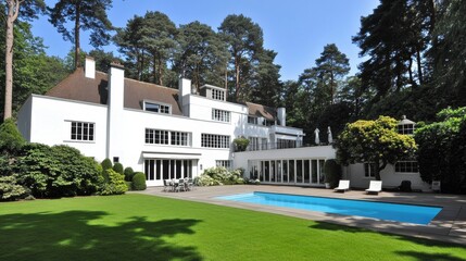 Obraz premium White Modern Villa with Swimming Pool in Lush Green Garden on a Sunny Day