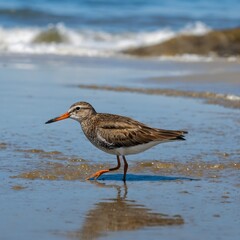 Obraz premium Elegant Shorebird Soaring Above Tide Pools, Set Against a Vibrant Blue Sky