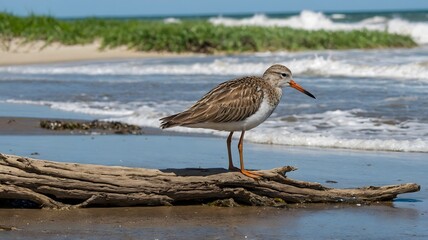 Obraz premium Shorebird Perched on Driftwood with Wings Spread, Embracing the Ocean Breeze