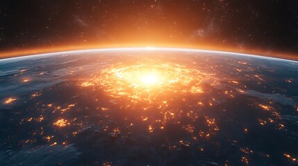 A breathtaking view of a glowing sunrise over the horizon of Earth, showcasing vibrant colors and cosmic beauty