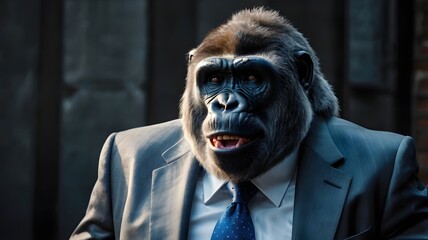 aggressive huge laughing gorilla dressed up like business man great ape in an expensive grey business suit blue tie on dark background primate confidently laughs and looks back generative ai
