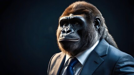 aggressive huge laughing gorilla dressed up like business man great ape in an expensive grey business suit blue tie on dark background primate confidently laughs and looks back generative ai