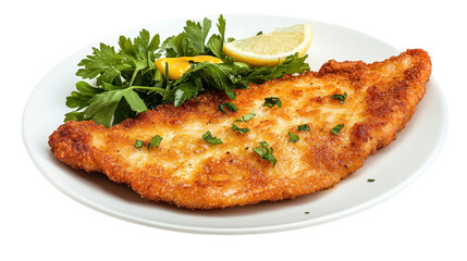 A delicious fried fish fillet served with lemon and herbs. transparent background