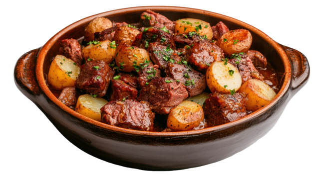 Savory beef stew with potatoes in a rustic bowl. transparent background