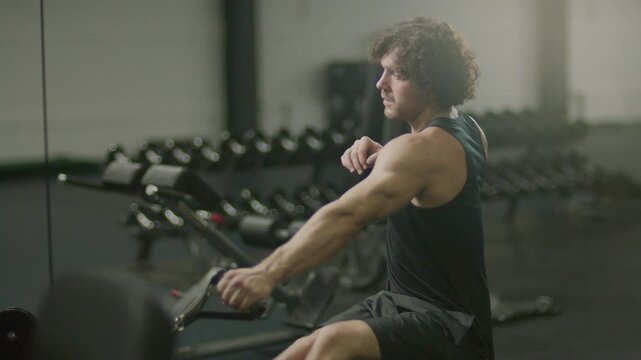 Muscular man in sportswear performing seated alternating single-arm rows as working out on rowing machine at gym