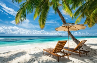 Idyllic tropical beach scene with lounge chairs under palm trees.
