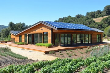 Modern eco-friendly house with solar panels. Ideal for articles about sustainable living, architecture, and renewable energy.