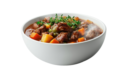 Delicious beef stew with vegetables in a white bowl, steaming hot. transparent background