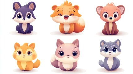 Obraz premium Cute cartoon animals, adorable and stylized, sitting in various poses.