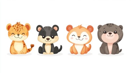 Cute cartoon animals, adorable baby animals sitting, happy wild cats,  adorable cubs.