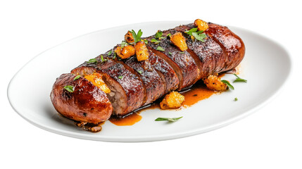 Delicious grilled sausage garnished with herbs and sauce. transparent background