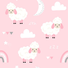 Seamless pattern with cute sheep, moon, star, rainbow and cloud for your fabric, children textile, apparel, nursery decoration, gift wrap paper, pajamas. Vector illustration