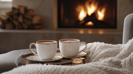 Two mugs of hot chocolate on a tray in front of a fireplace