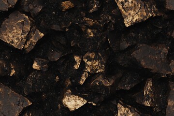 Fototapeta premium Seamless Bronzite dark, shiny mineral rocks with golden highlights, showcasing their rough texture and angular shapes.