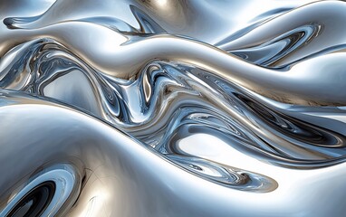 Abstract silver liquid flowing, wavy, metallic surface.