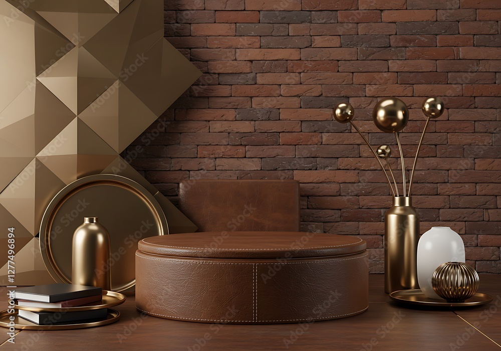 Poster stylish product display on leather platform with decorative objects