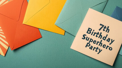 Colorful envelopes for 7th birthday superhero party invitation, Happy Birthday 7 Anniversary Theme.