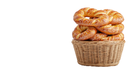 Freshly baked pastries displayed in a rustic basket. transparent background