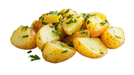 Freshly cooked, delicious yellow potatoes garnished with parsley. transparent background