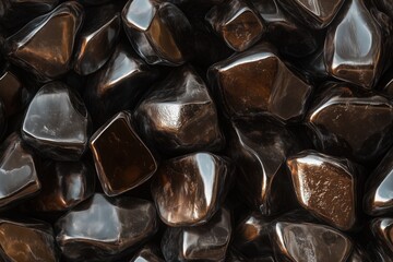 Seamless Bronzite polished black stones with a shiny surface, showcasing their irregular shapes and textures. The stones are densely packed together, creating a visually appealing pattern.