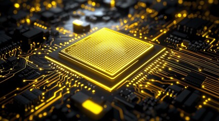 Closeup of a glowing gold central processing unit on a circuit board with intricate electronic pathways