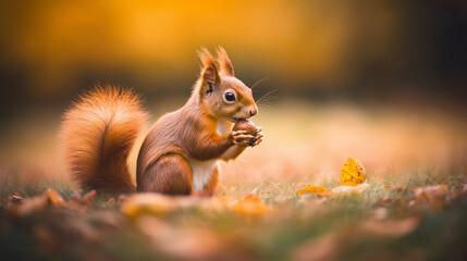 Adorable red squirrel in the wild, hoarding acorns with its bushy tail, showcasing its vibrant fur and energetic nature in a tranquil forest habitat